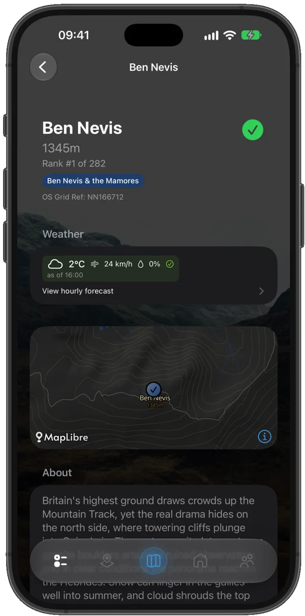 Ben Nevis summit page with height, rank, weather and mini-map