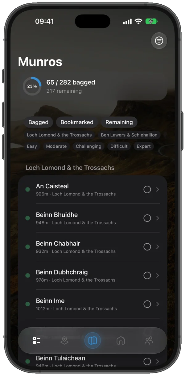 Munro checklist with progress ring and region filters