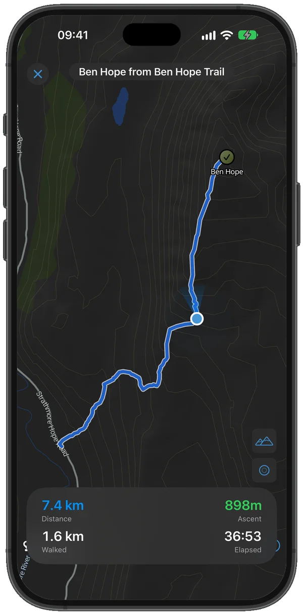 Follow-along mode showing live position on the route