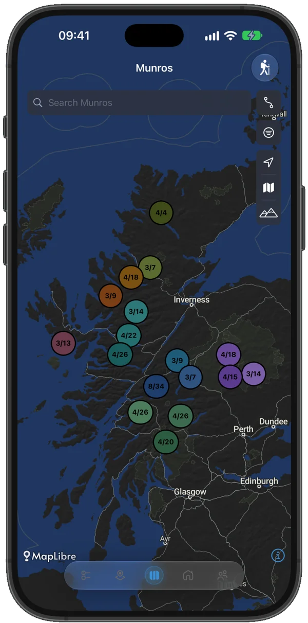 Map of the Scottish Highlands with Munro progress by region