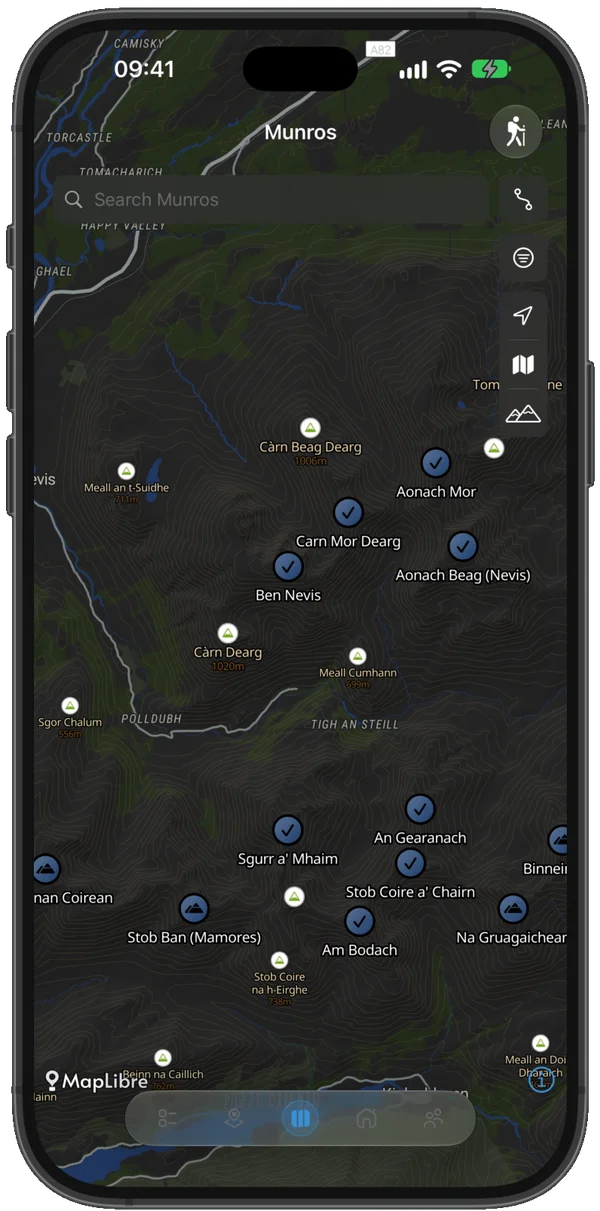 Zoomed map showing labelled Munros and bagged ticks