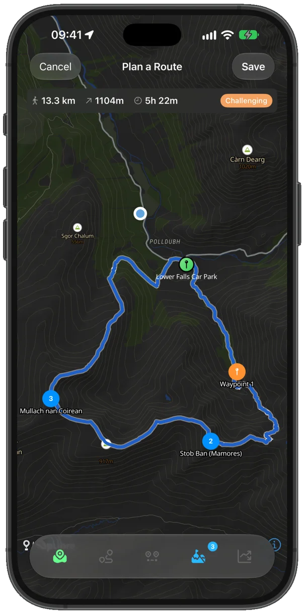 Route planner with waypoints on the map