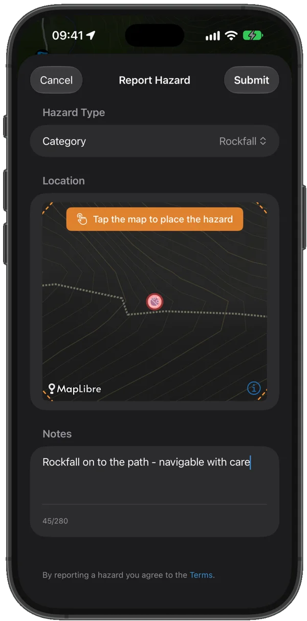 Report a hazard form with category, location and notes