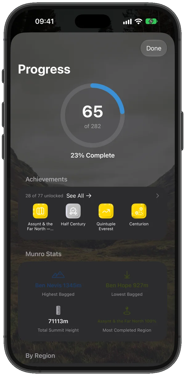 Progress screen showing 65 of 282 Munros, achievements and stats