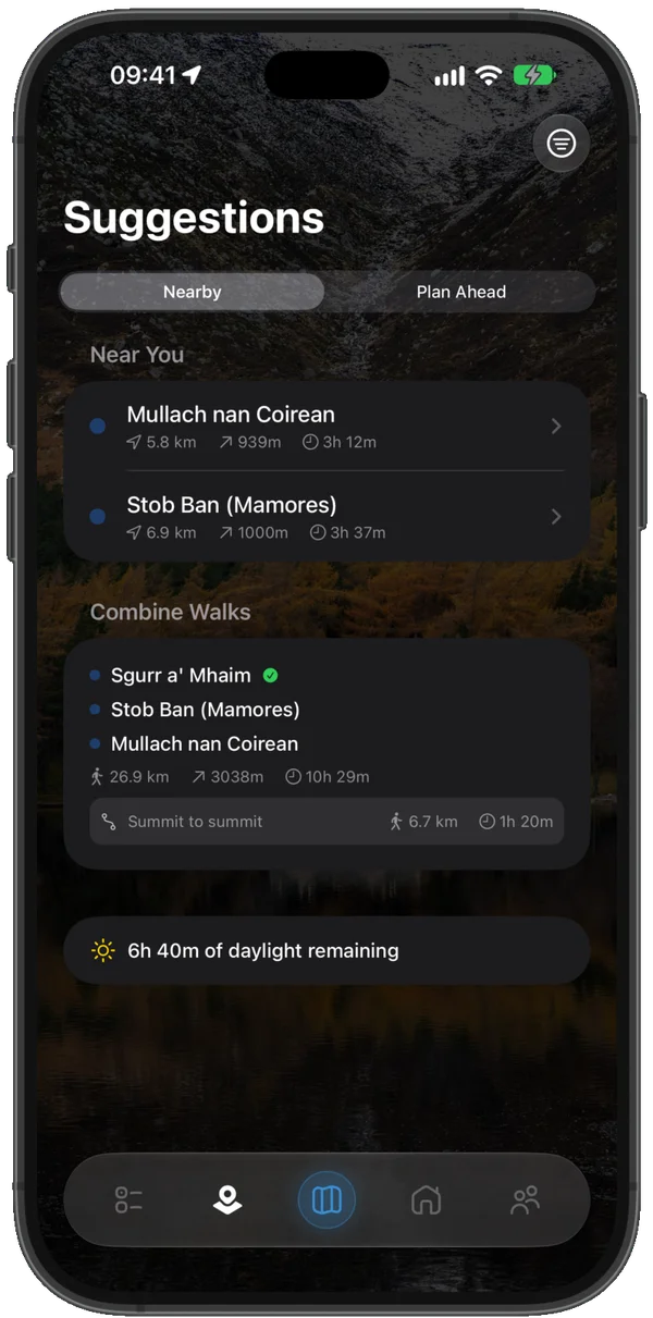 Suggestions list of nearby Munros with distance and time