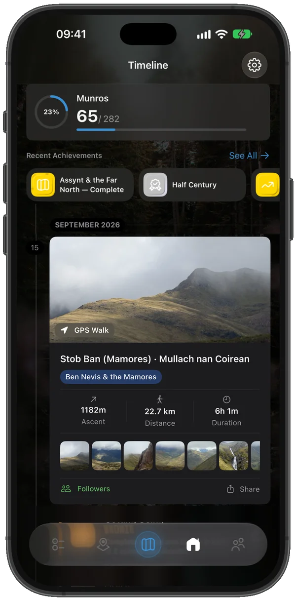 Timeline showing 65 of 282 Munros, recent achievements and a recorded walk with photos